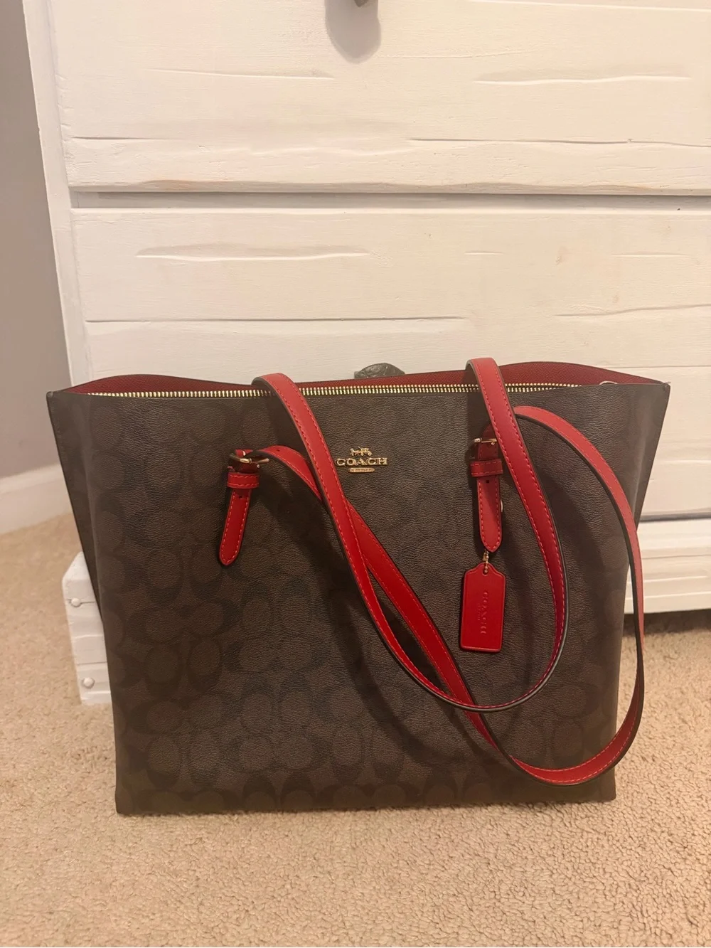 Coach Brown Signature Canvas Tote with Red Leather Trim and Straps